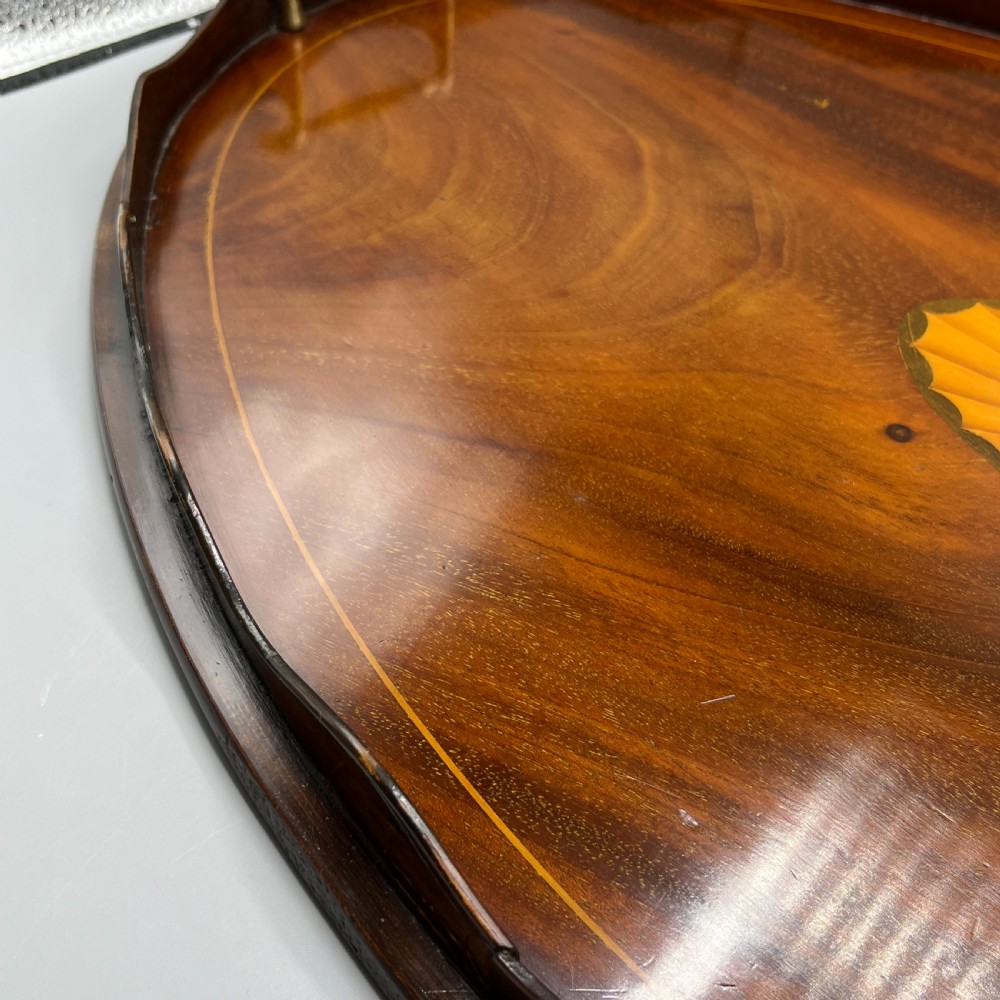 Large Edwardian Mahogany Inlaid Serving Tray with Scalloped Gallery View IX