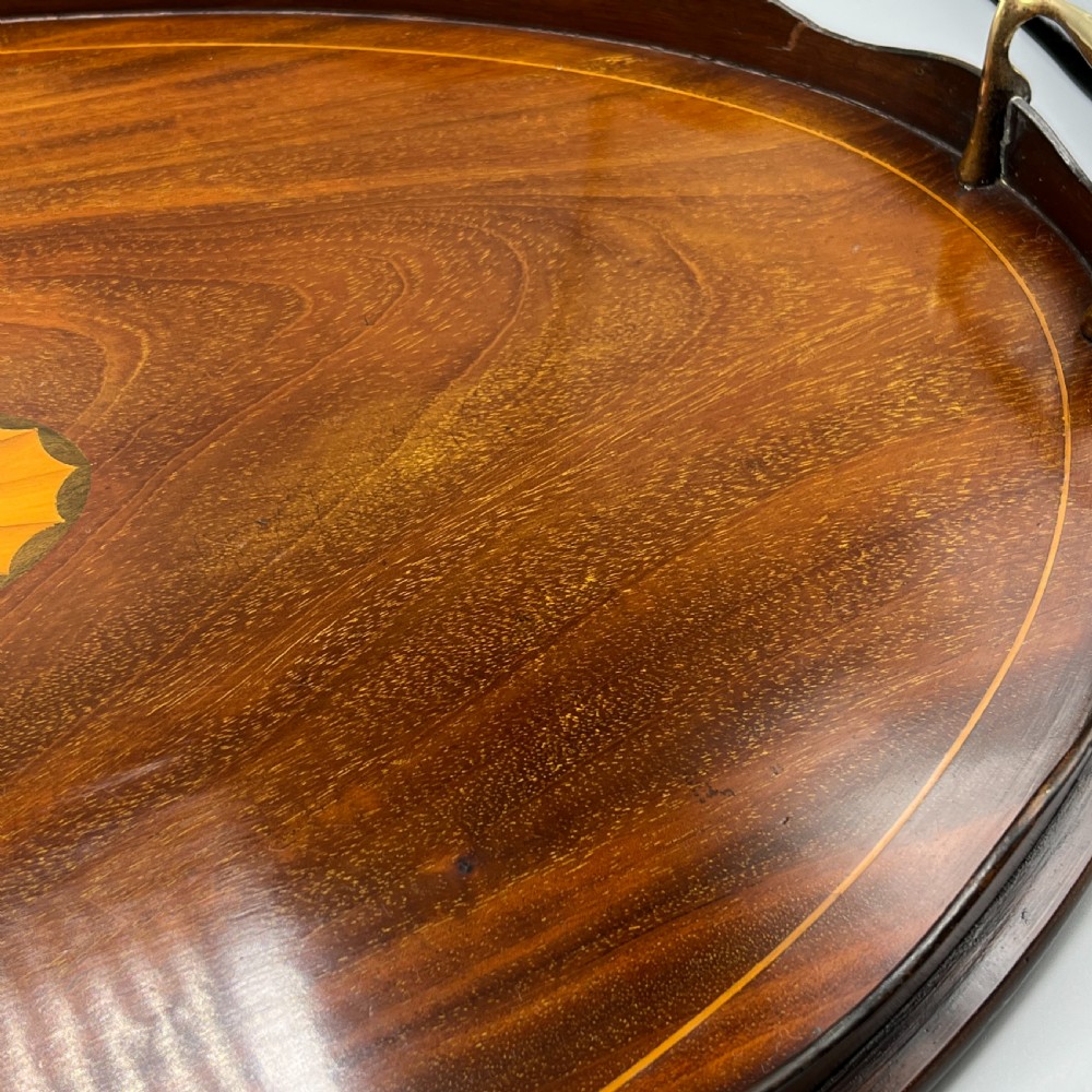 Large Edwardian Mahogany Inlaid Serving Tray with Scalloped Gallery View XI