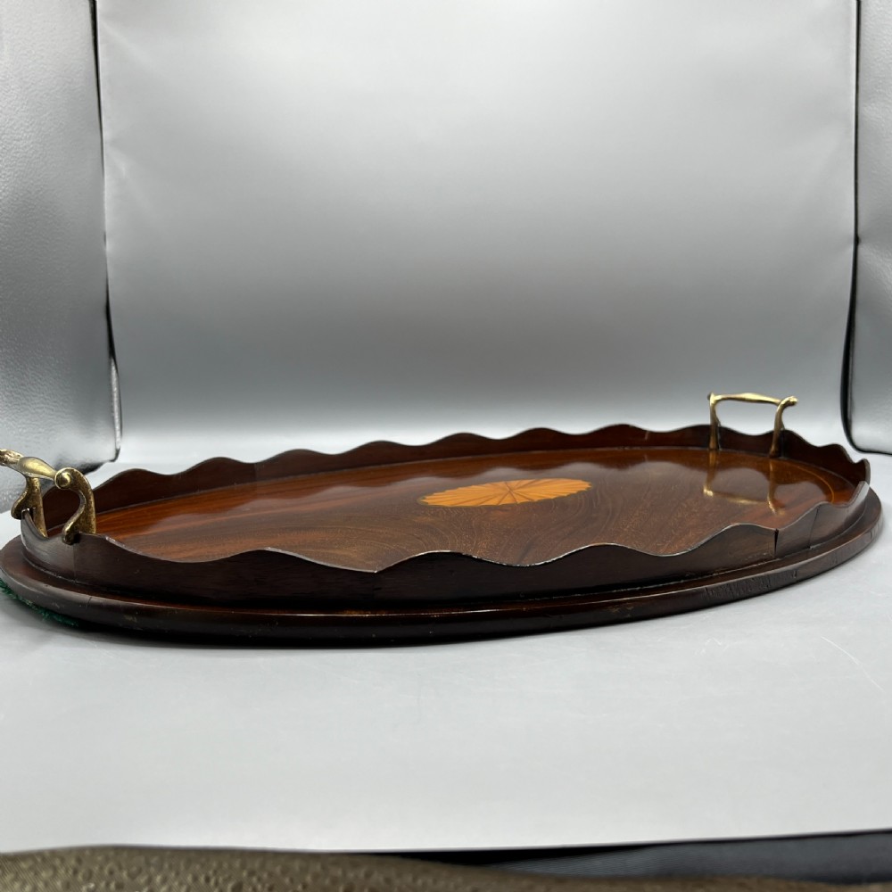Large Edwardian Mahogany Inlaid Serving Tray with Scalloped Gallery View XII
