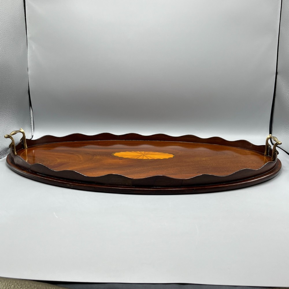 Large Edwardian Mahogany Inlaid Serving Tray with Scalloped Gallery View XIII