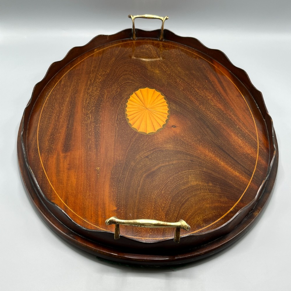 Large Edwardian Mahogany Inlaid Serving Tray with Scalloped Gallery View XVI