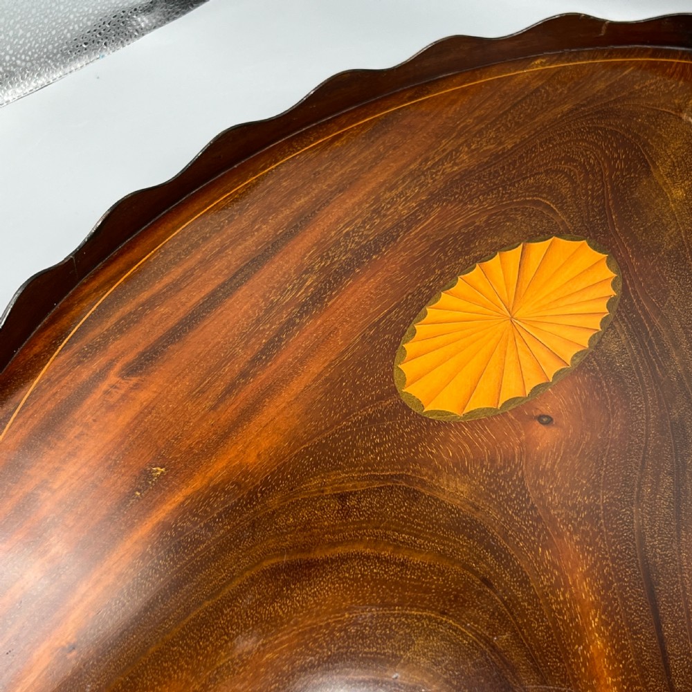 Large Edwardian Mahogany Inlaid Serving Tray with Scalloped Gallery View XIX