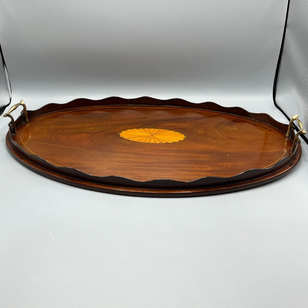 Large Edwardian Mahogany Inlaid Serving Tray with Scalloped Gallery View XX