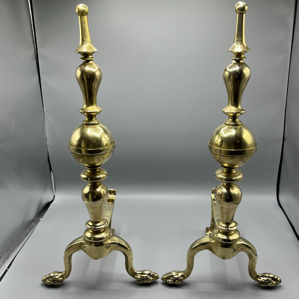 Large Victorian Brass Fire Dogs with Lion Paw Feet