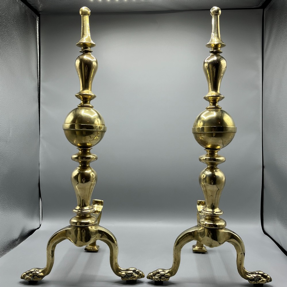 Large Victorian Brass Fire Dogs with Lion Paw Feet View II