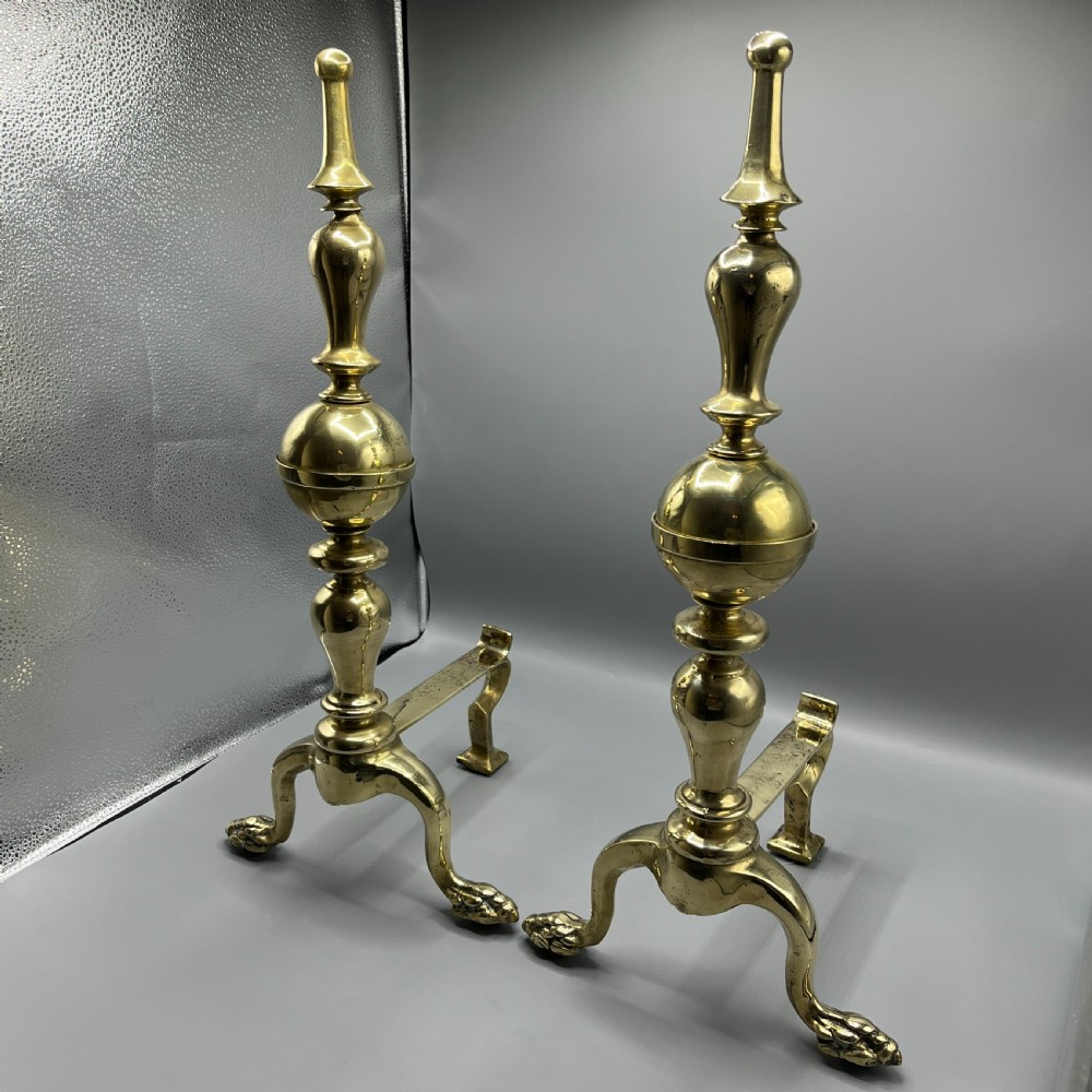 Large Victorian Brass Fire Dogs with Lion Paw Feet View IV