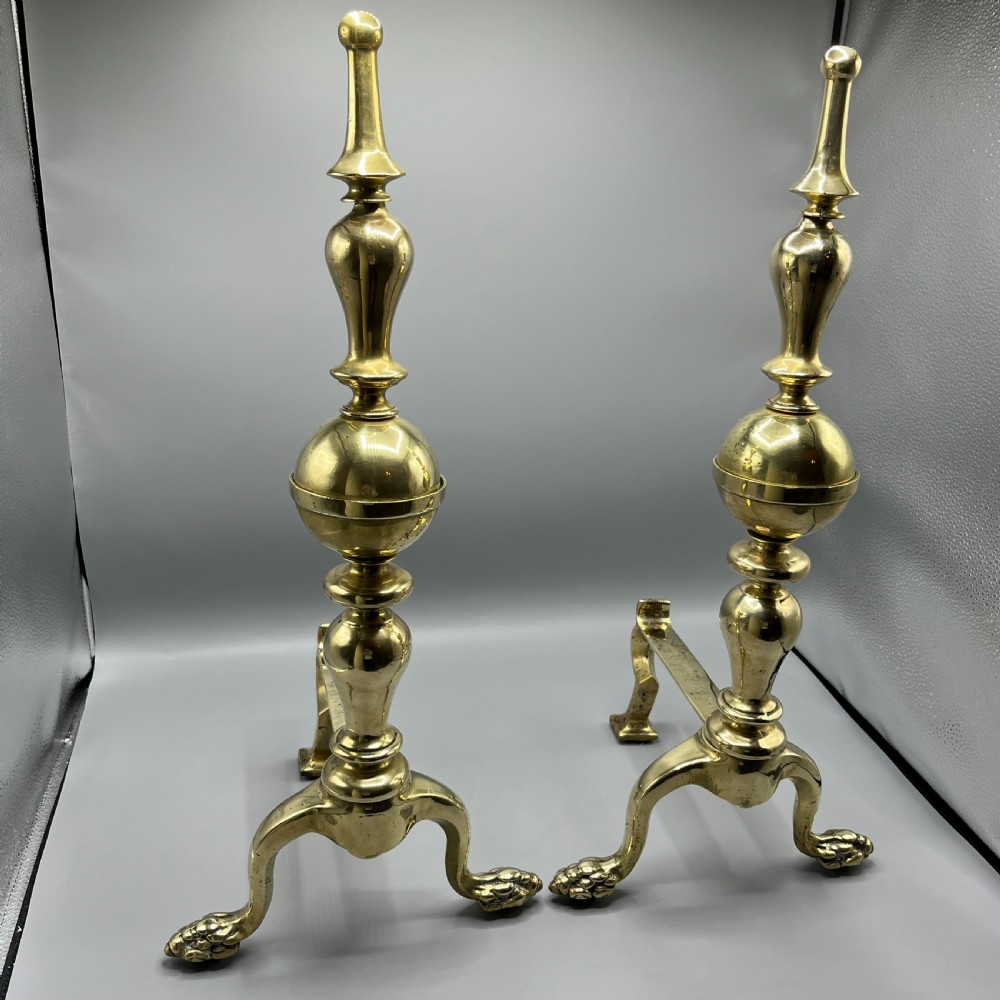 Large Victorian Brass Fire Dogs with Lion Paw Feet View V