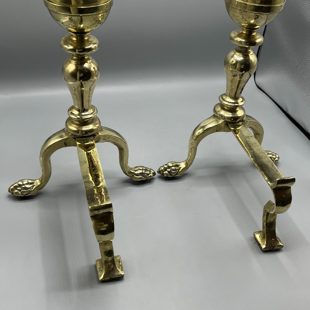 Large Victorian Brass Fire Dogs with Lion Paw Feet View IX
