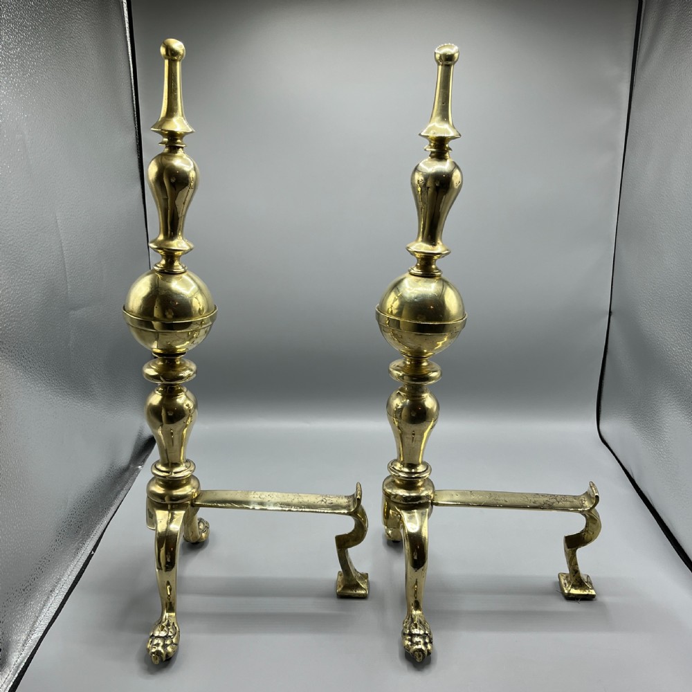 Large Victorian Brass Fire Dogs with Lion Paw Feet View XIV
