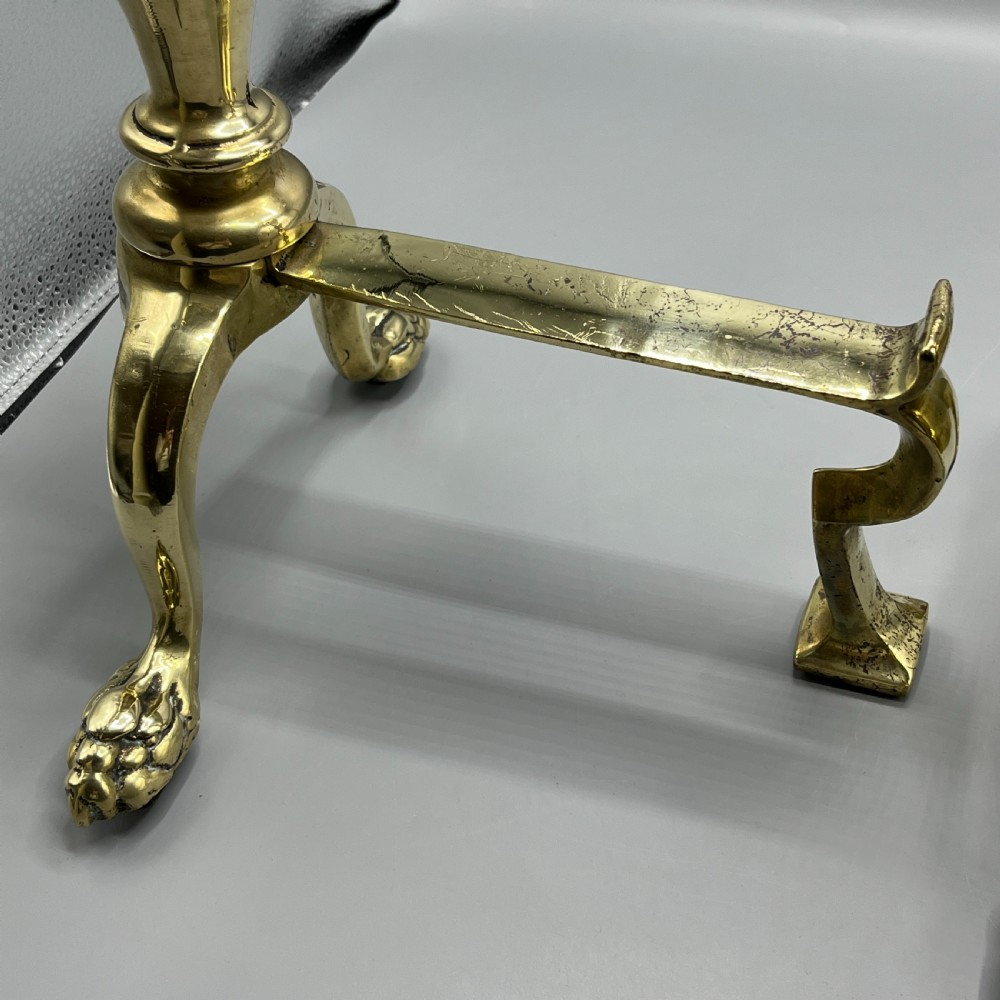 Large Victorian Brass Fire Dogs with Lion Paw Feet View XV