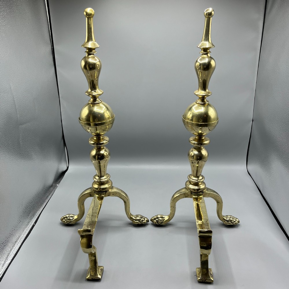 Large Victorian Brass Fire Dogs with Lion Paw Feet View XVI