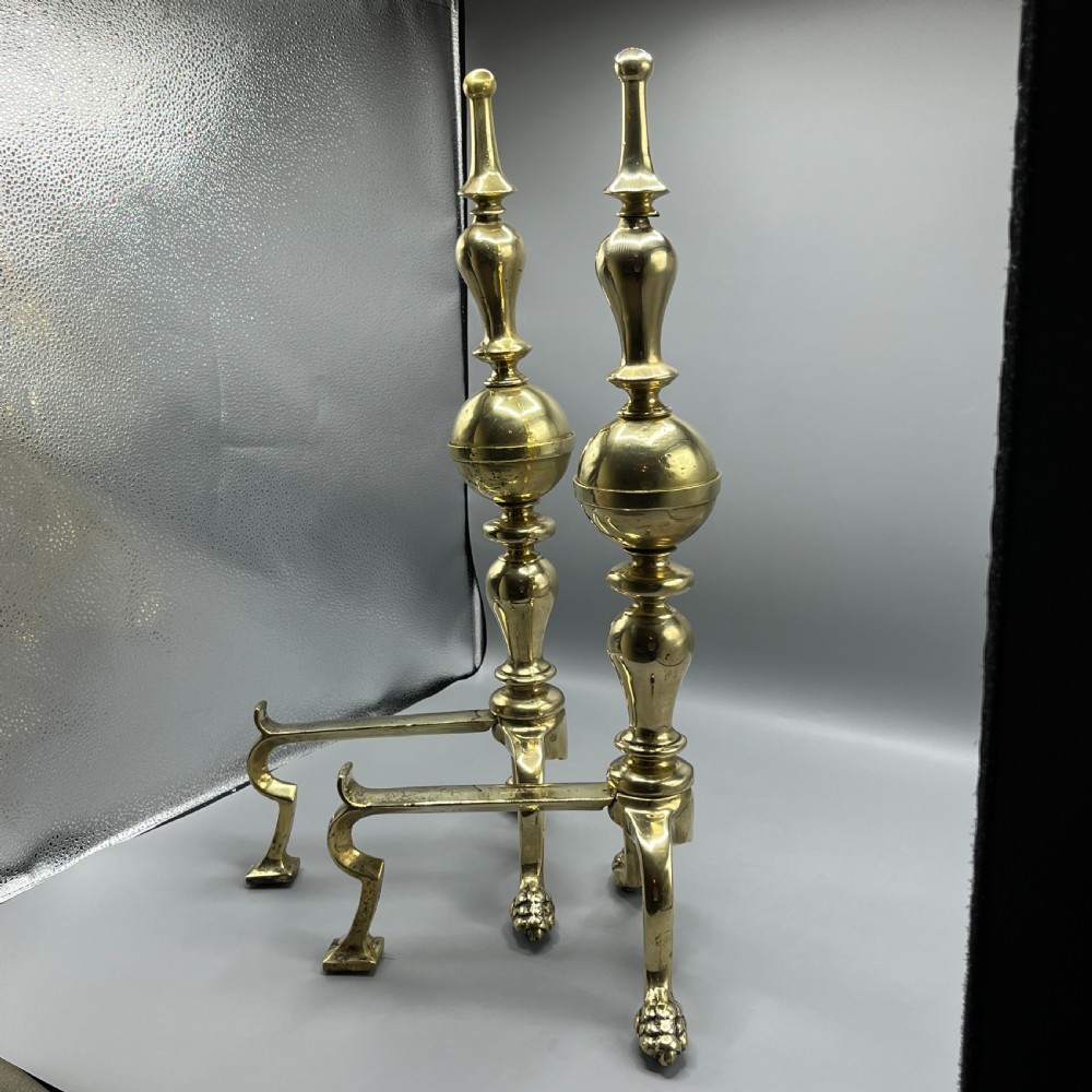 Large Victorian Brass Fire Dogs with Lion Paw Feet View XVIII