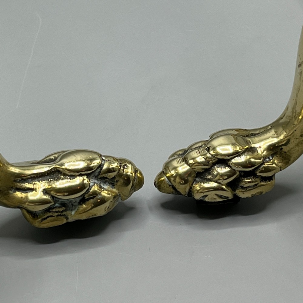 Large Victorian Brass Fire Dogs with Lion Paw Feet View XIX