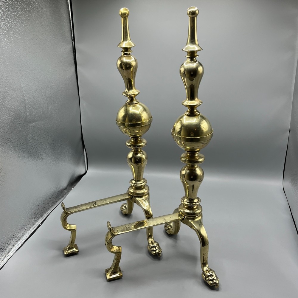 Large Victorian Brass Fire Dogs with Lion Paw Feet View XX