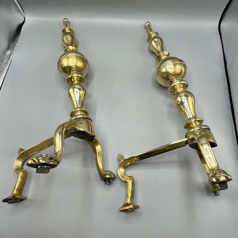Large Victorian Brass Fire Dogs with Lion Paw Feet View XXI