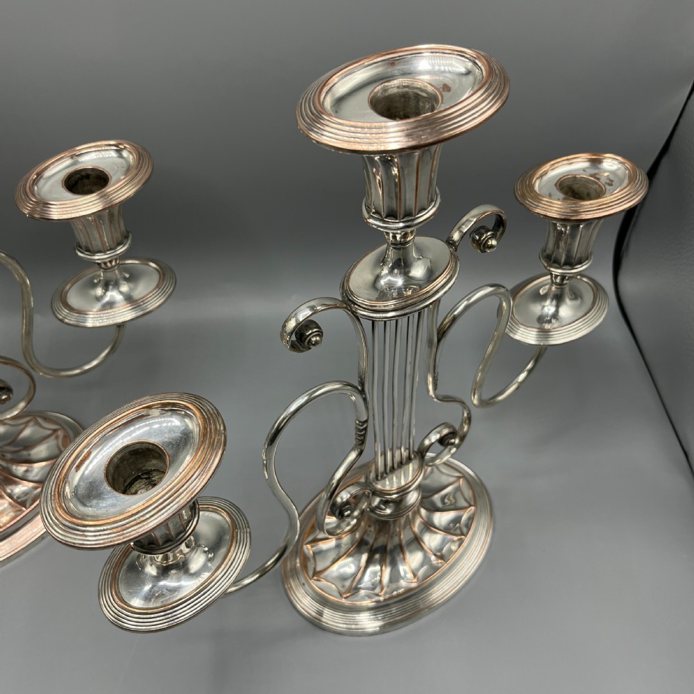 A pair of Georgian silver-plated three-light candelabra with lyre-shaped columns and scrolling branches. View IV