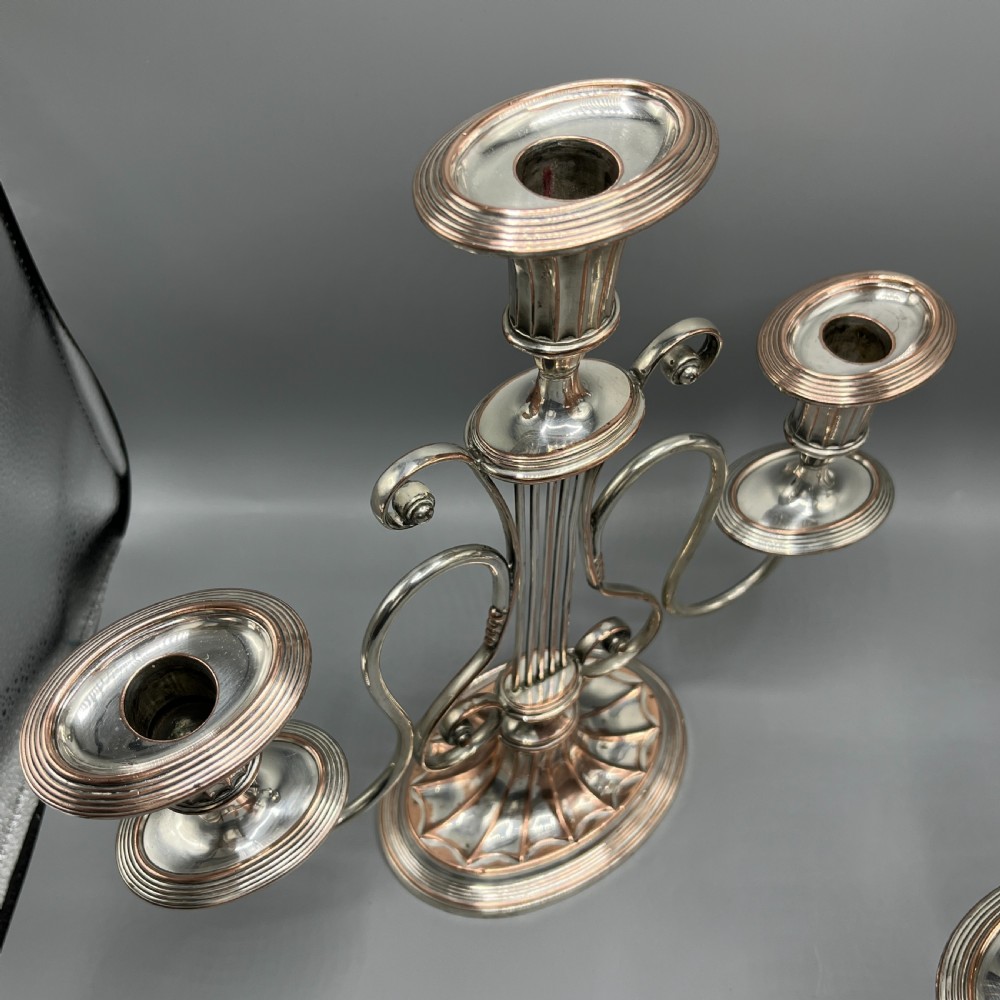 A pair of Georgian silver-plated three-light candelabra with lyre-shaped columns and scrolling branches. View V