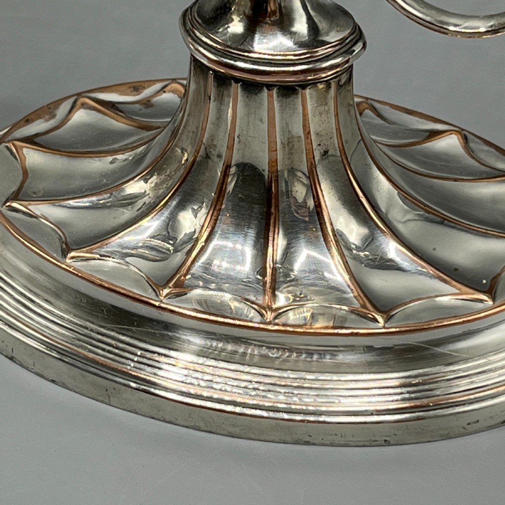 A pair of Georgian silver-plated three-light candelabra with lyre-shaped columns and scrolling branches. View IX