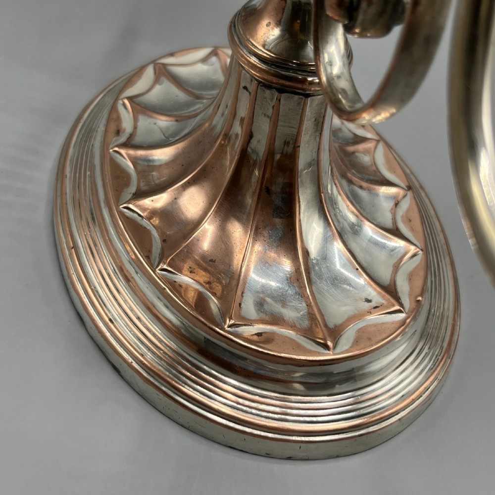 A pair of Georgian silver-plated three-light candelabra with lyre-shaped columns and scrolling branches. View XVII