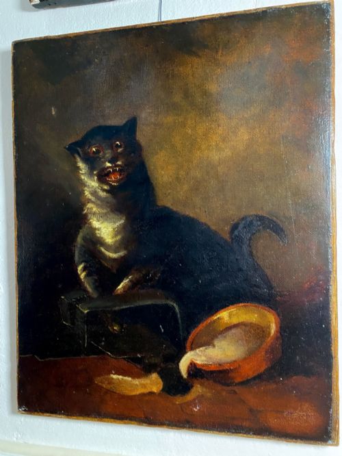 Antique 19th Century Unhinged Folk Art Oil on Canvas Painting of a Demented Cat