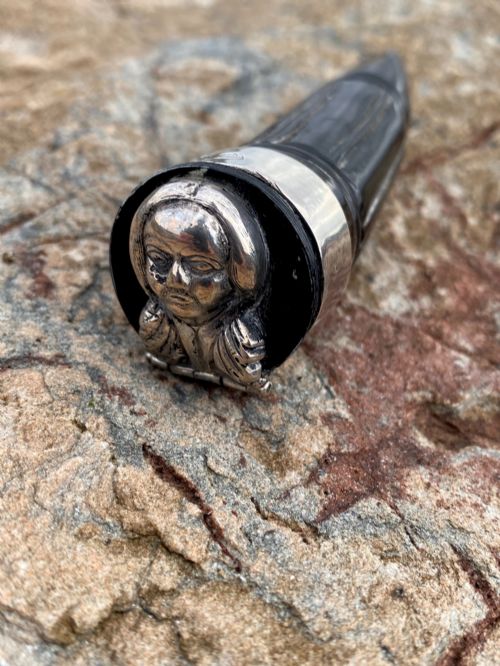 Rare Antique 19th Century Carved Horn & Sterling Silver Snuff Mull with Mysterious Allegorical Silver Head