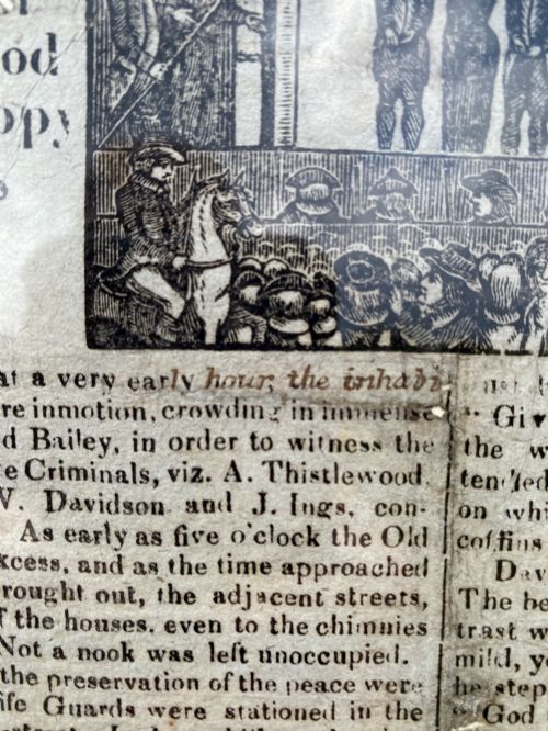 fig 5. A nineteenth-century printed paper broadside with a top woodcut depicting a gallows execution above double columns of letterpress text.