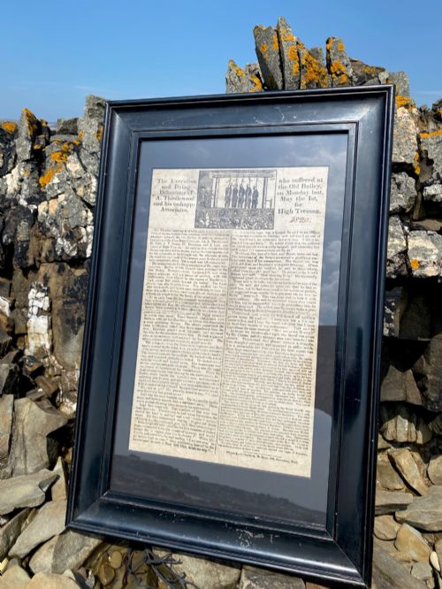 fig 6. A nineteenth-century printed paper broadside with a top woodcut depicting a gallows execution above double columns of letterpress text.