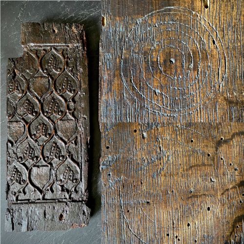 Extremely Rare Pair of English 15th Century Oak Heraldic Panels with Rare Concentric Circle Apotropaic Witch Marks & Scorch Marks
