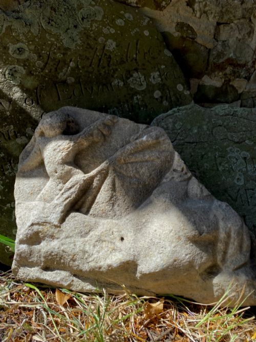 Antique Architectural Ecclesiastical Carved Stone Fragment Depicting Cherub/angel Standing Over Fallen Figure, Possibly Lucifer