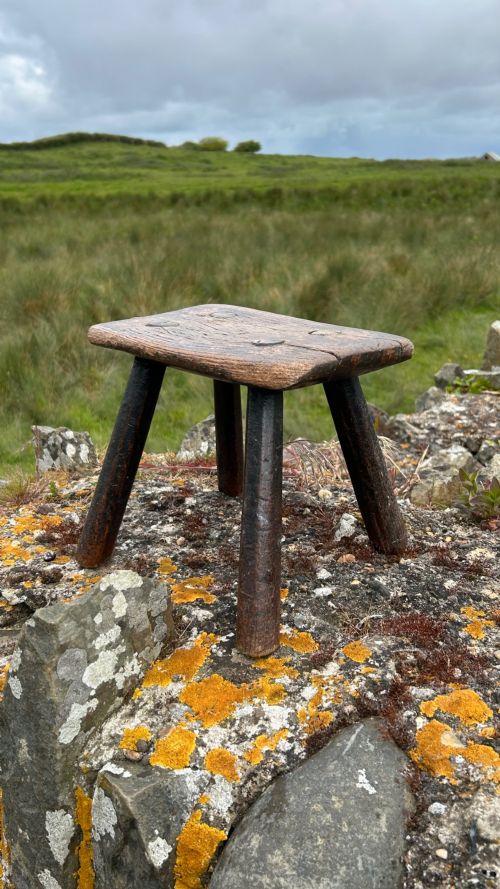 Rare Antique Late 18th - Early 19th Century Hearth Stool with Carved Apotropaic Marian Mark