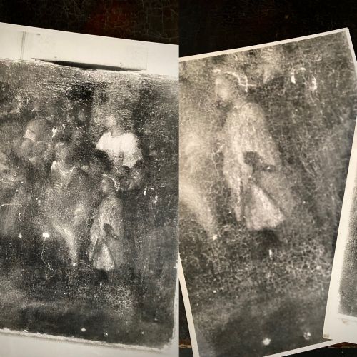 fig 1. A dark sixteenth-century oil painting featuring figures dressed in red and dark garments with pronounced surface craquelure, accompanied by two infrared scan prints.