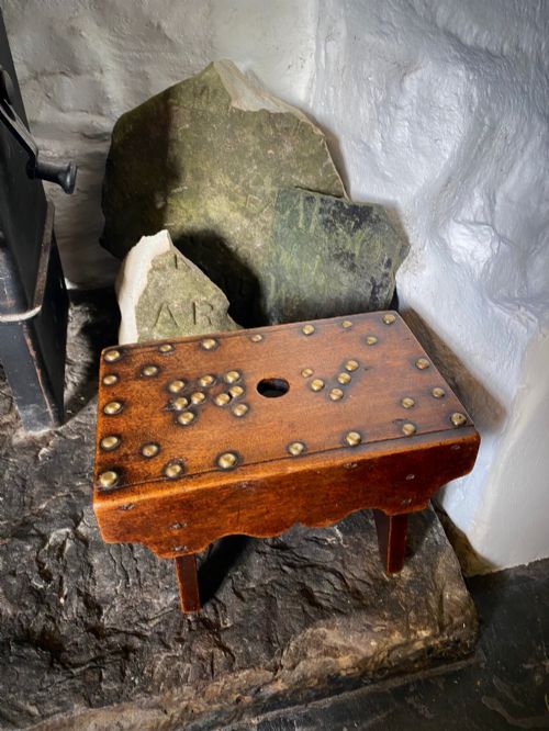Unusual Antique 19th Century Solid Mahogany Stool with Brass Studs with Initials ‘R.v’ Possible Love Token
