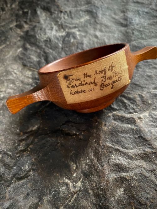 Curious 19th C. Treen Quaich & Period Label Stating from Roof of Cardinal Beaton’s House, Cowgate, Edinburgh