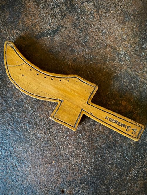 Antique Mid 19th Century Applewood Knitting Sheath with a Engraved Owner’s Name, ‘S. Smithson’, & Naive Image of a Shoe