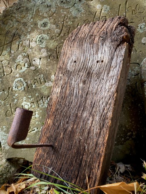 Primitive Antique Early 19th Century Wrought Iron Wall Spike Candle Holder Stabbed Into a Piece of Wood