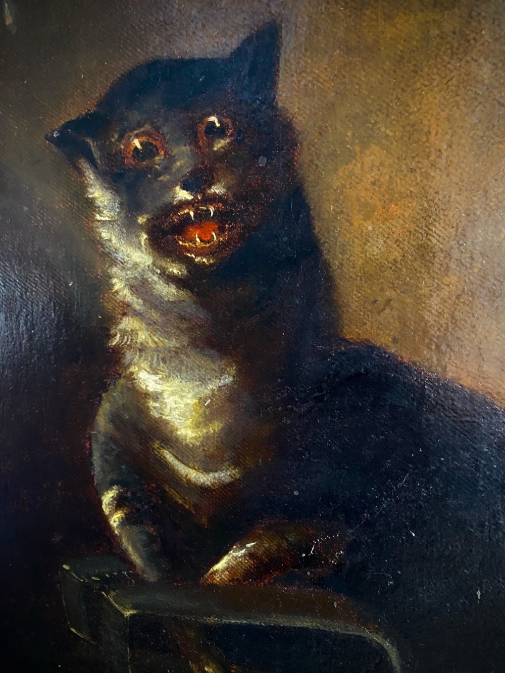 A 19th-century unframed oil painting on canvas showing a dark cat positioned beside an overturned bowl on a dark background. View III