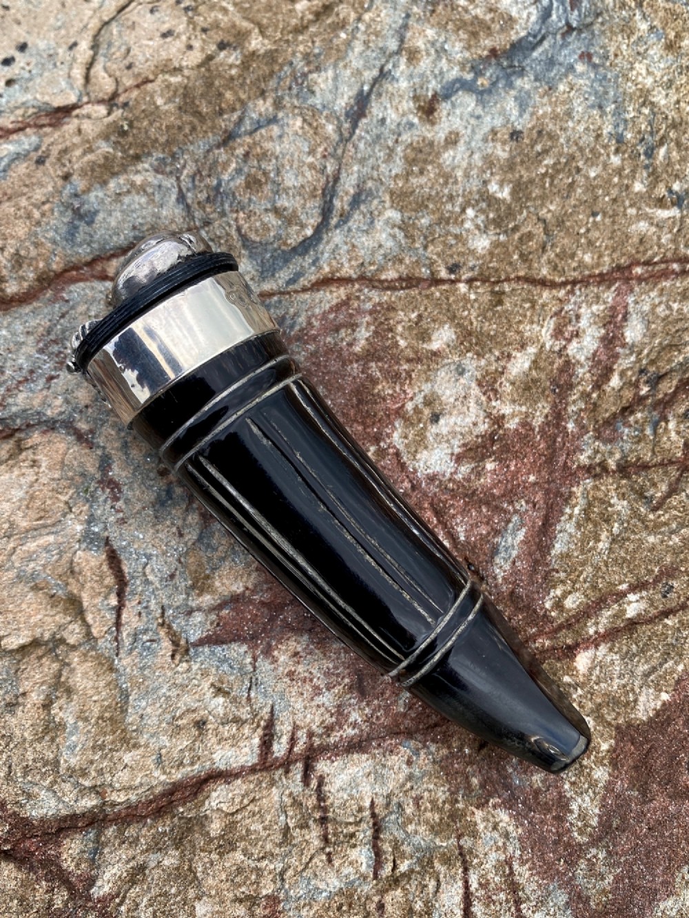 A 19th-century dark carved horn snuff mull featuring a sterling silver rim collar and a silver lid hinged with an allegorical face relief. View II