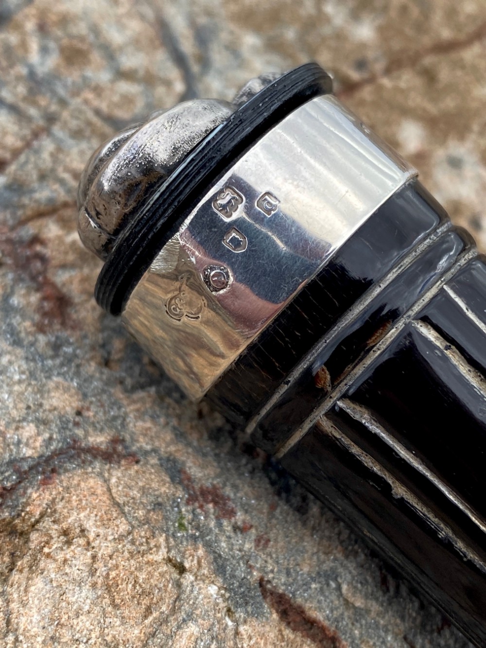 A 19th-century dark carved horn snuff mull featuring a sterling silver rim collar and a silver lid hinged with an allegorical face relief. View III
