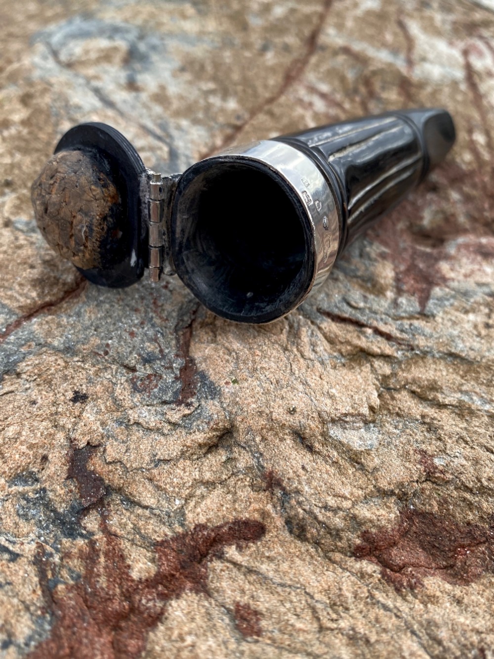 A 19th-century dark carved horn snuff mull featuring a sterling silver rim collar and a silver lid hinged with an allegorical face relief. View IV