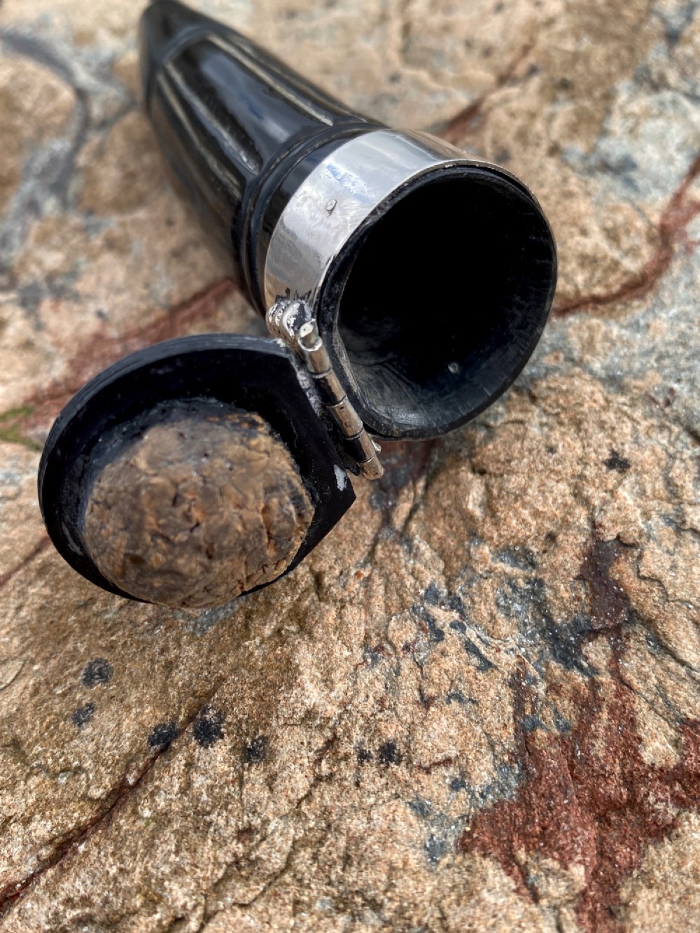 A 19th-century dark carved horn snuff mull featuring a sterling silver rim collar and a silver lid hinged with an allegorical face relief. View VI