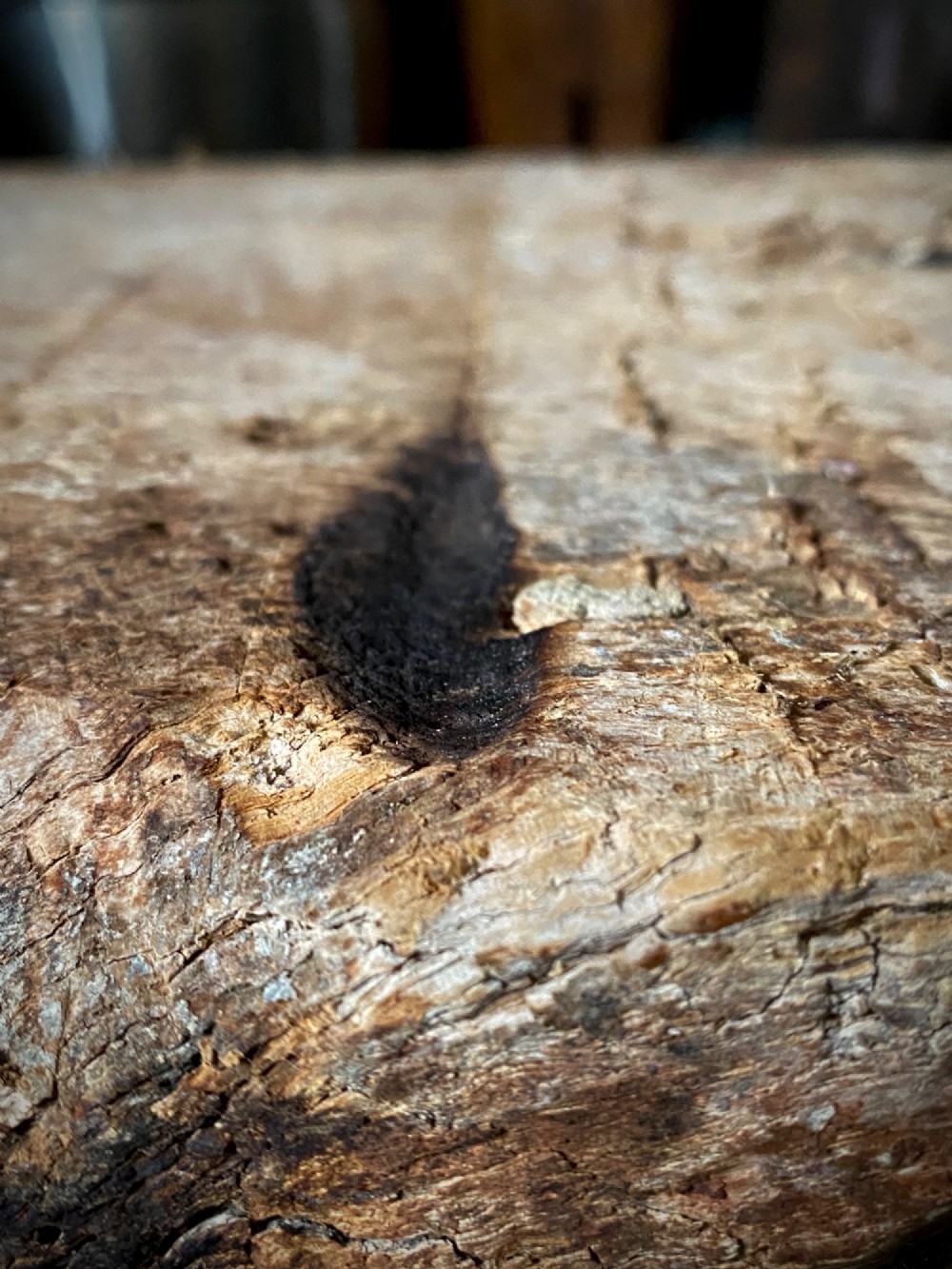 A thick section of hand-hewn solid oak timber displaying natural wood grain, fissures, and surface burn markings. View IV