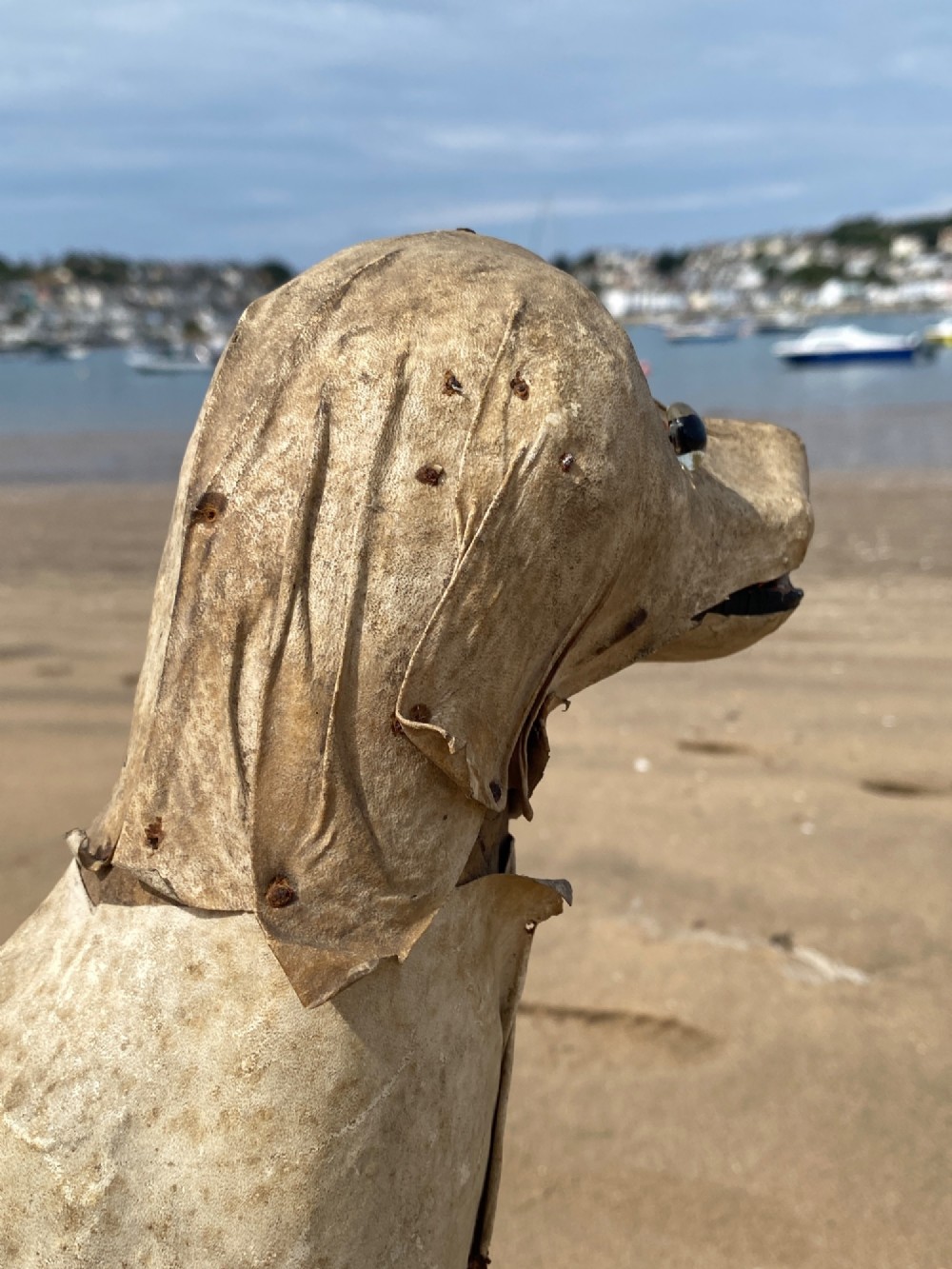 An early twentieth-century folk art dog head sculpture constructed from aged parchment leather with glass eyes and a movable mouth revealing painted teeth. View IX