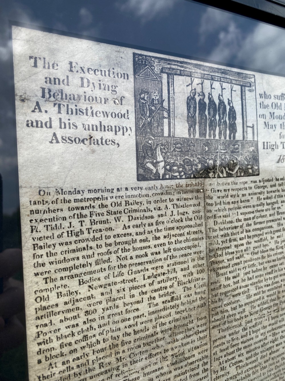 A nineteenth-century printed paper broadside with a top woodcut depicting a gallows execution above double columns of letterpress text. View III
