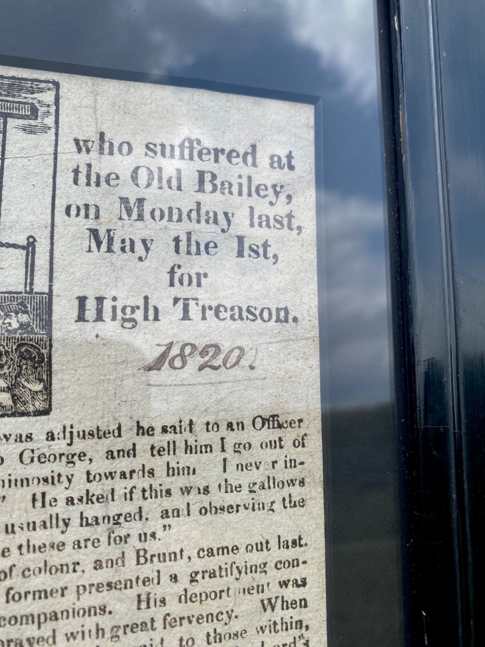 A nineteenth-century printed paper broadside with a top woodcut depicting a gallows execution above double columns of letterpress text. View V