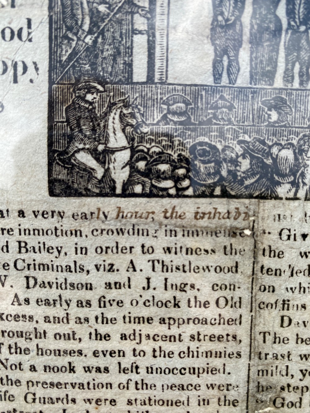 A nineteenth-century printed paper broadside with a top woodcut depicting a gallows execution above double columns of letterpress text. View VI