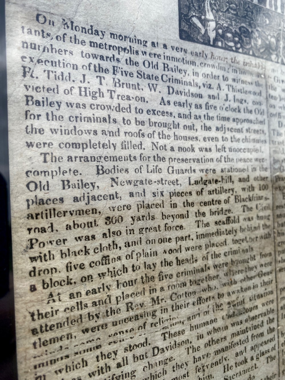 A nineteenth-century printed paper broadside with a top woodcut depicting a gallows execution above double columns of letterpress text. View VIII