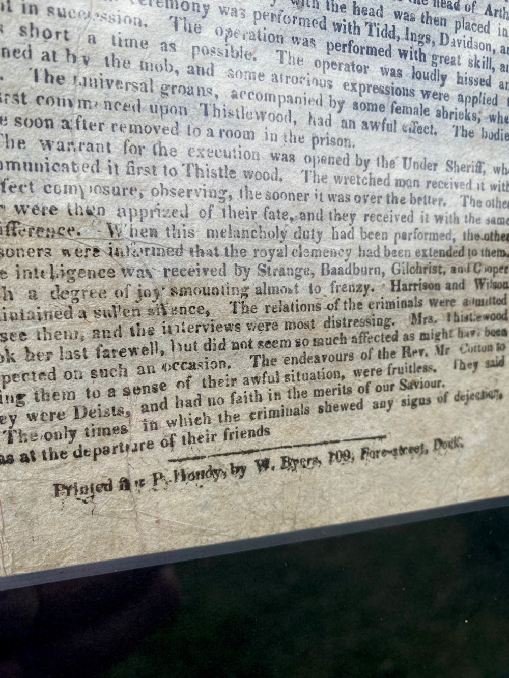 A nineteenth-century printed paper broadside with a top woodcut depicting a gallows execution above double columns of letterpress text. View IX