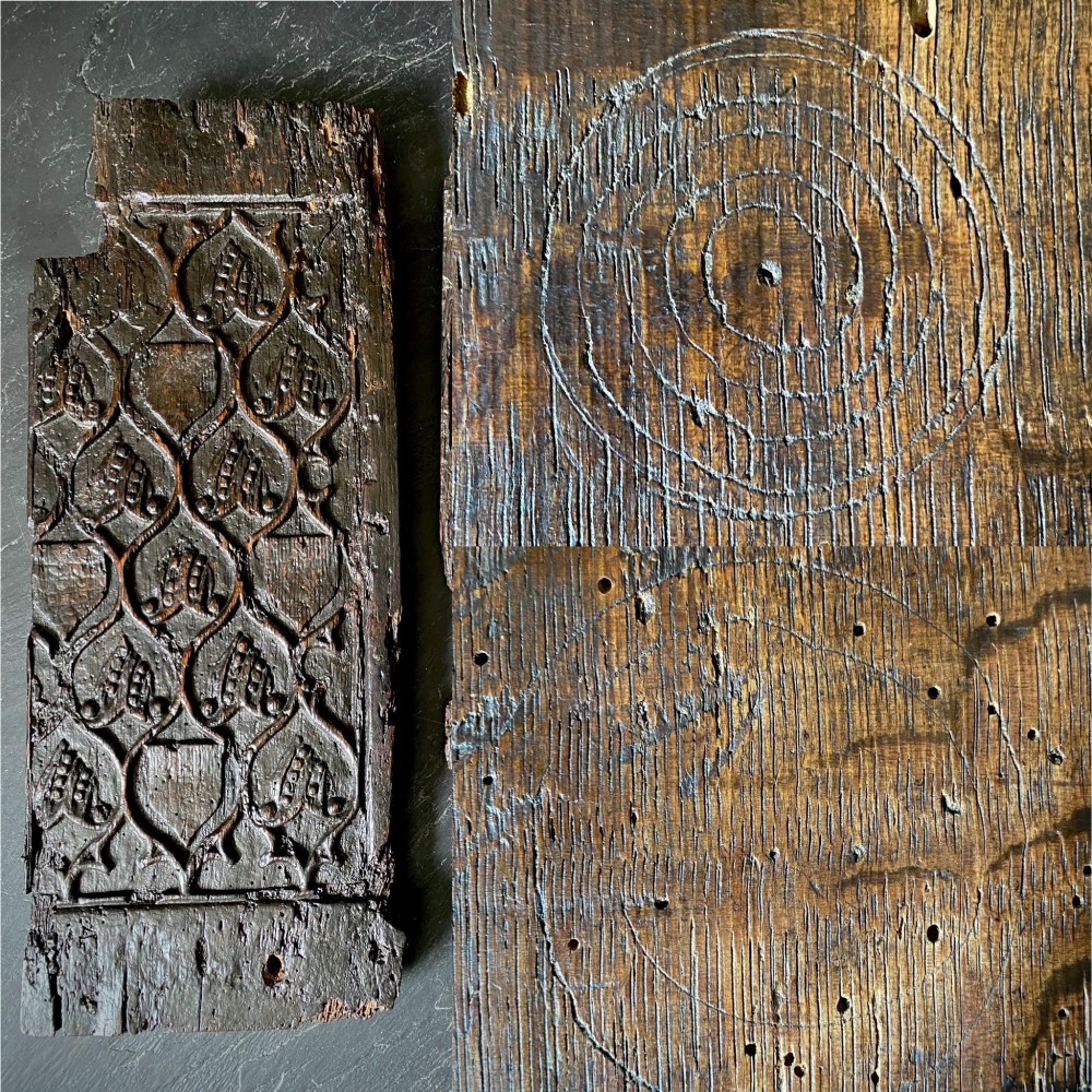 A carved dark oak panel featuring a repetitive geometric foliage pattern beside a detailed close-up of incised concentric circles and ritual marks on the wood grain.