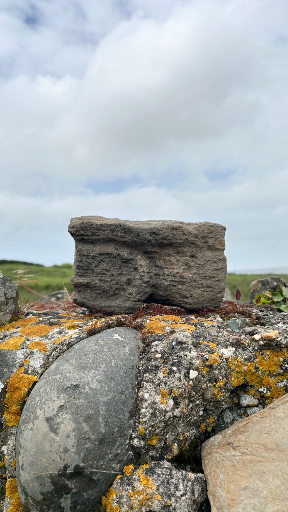 A hand-carved medieval grey stone corbel featuring a stylised human face with a gripping mouth detail. View IV