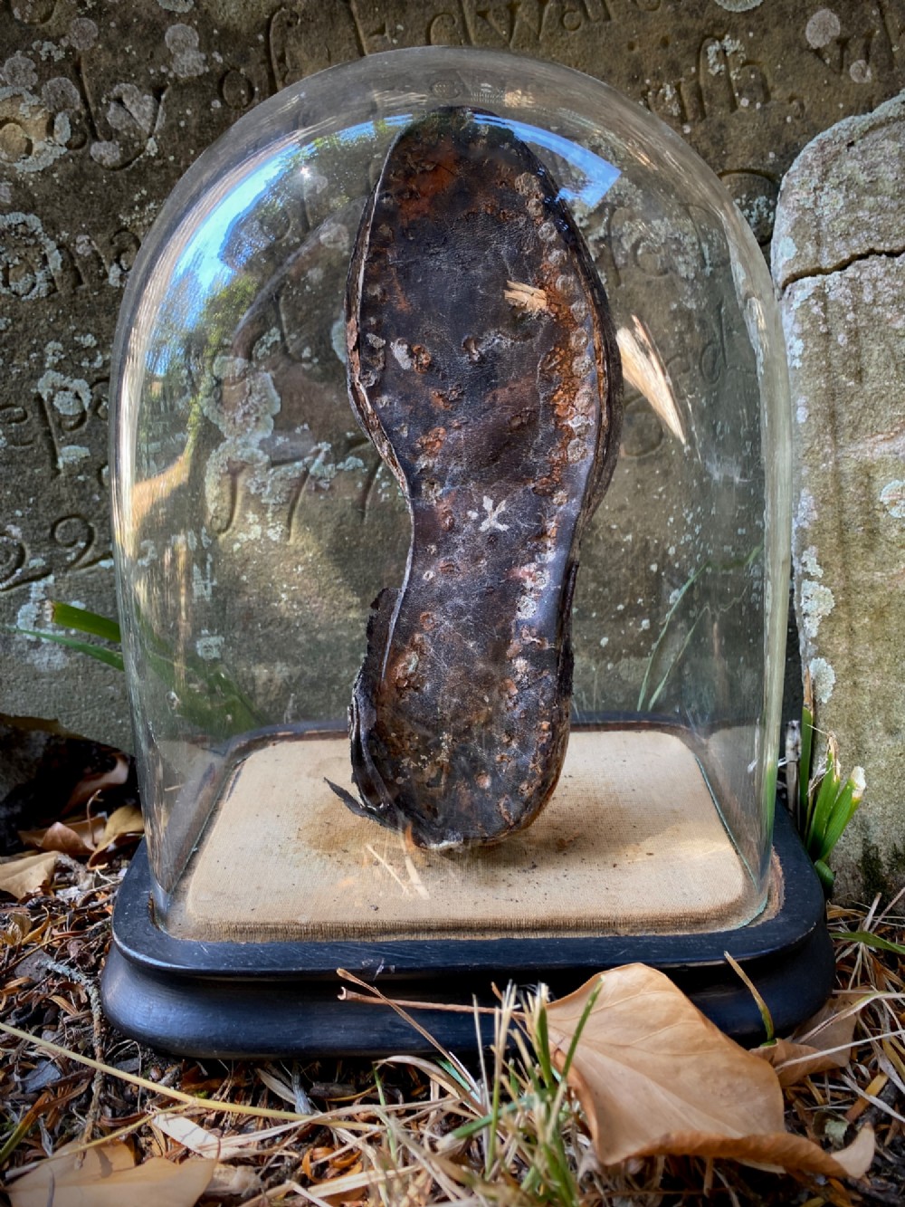 A weathered nineteenth-century leather childs shoe sole mounted upright inside a glass display dome with an ebonised wooden base.